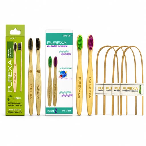 Purexa Bamboo Charcoal Adult & Kids Toothbrush with Q-Shape Copper Tongue Cleaner Combo (Pack of 5 Each)