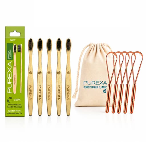 Purexa Bamboo Charcoal Adult Toothbrush & Q-Shape Copper Tongue Cleaner Combo (Pack of 5 Each)