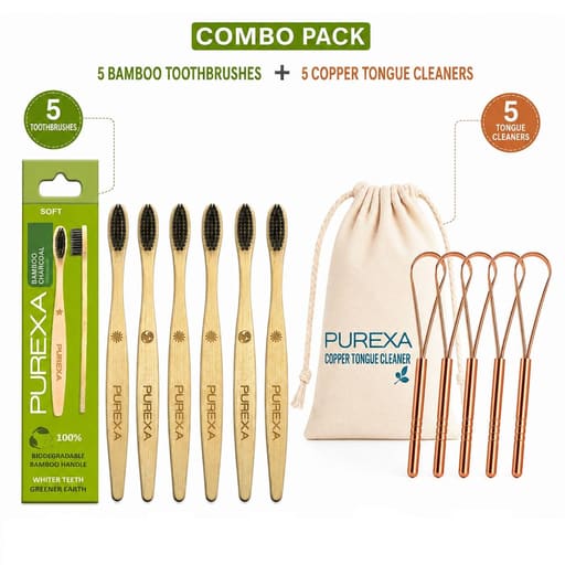Purexa Bamboo Charcoal Adult Toothbrush & Q-Shape Copper Tongue Cleaner Combo (Pack of 5 Each)