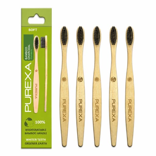 Purexa Bamboo Charcoal Adult Toothbrush & Q-Shape Copper Tongue Cleaner Combo (Pack of 5 Each)