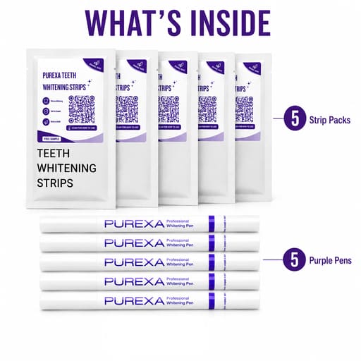Purexa Teeth Whitening Purple Strips 7 Treatments & V34 Color Corrector Purple Pen Combo (Pack of 5 Each)
