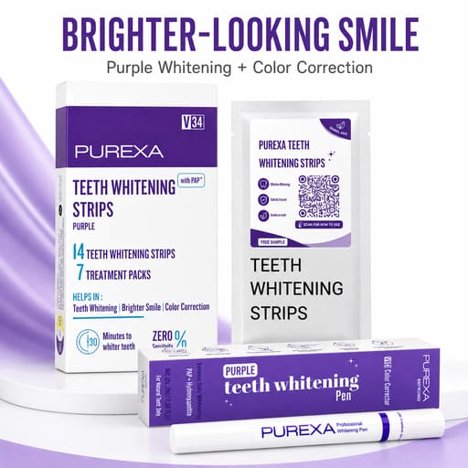 Purexa Teeth Whitening Purple Strips 7 Treatments & V34 Color Corrector Purple Pen Combo (Pack of 5 Each)