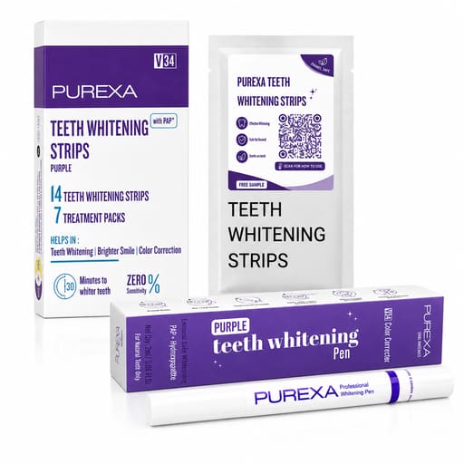 Purexa Teeth Whitening Purple Strips 7 Treatments & V34 Color Corrector Purple Pen Combo (Pack of 5 Each)