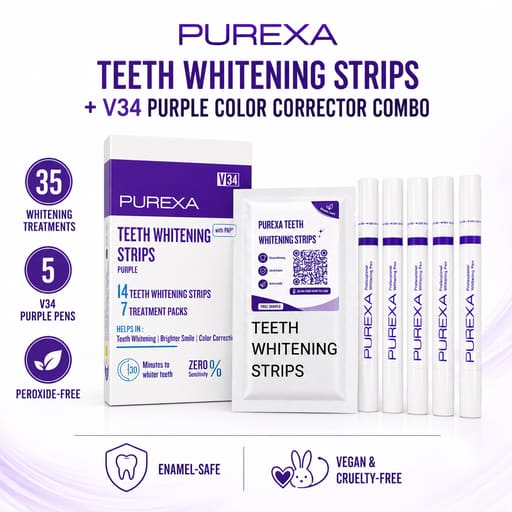 Purexa Teeth Whitening Purple Strips 7 Treatments & V34 Color Corrector Purple Pen Combo (Pack of 5 Each)