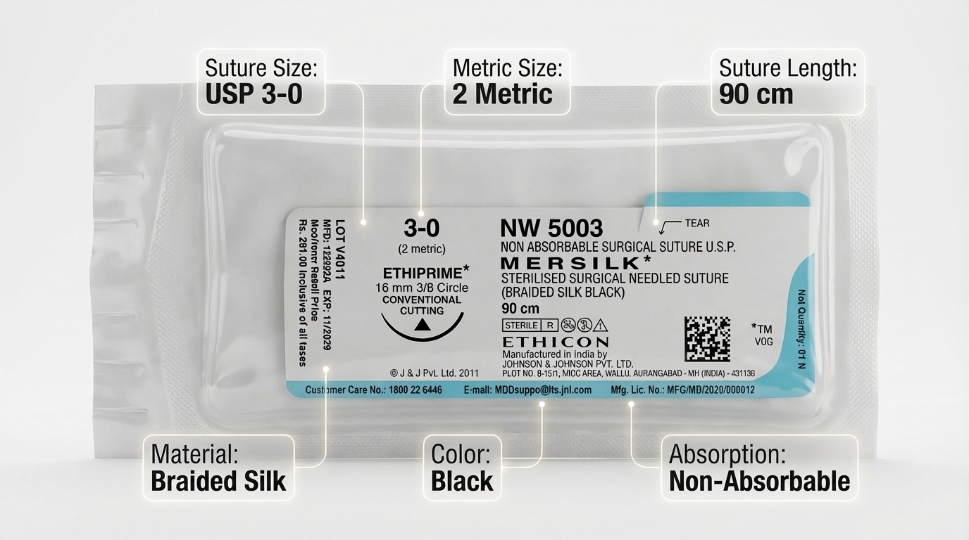 Ethicon Mersilk #3-0 Black Braided Suture1 - 90Cm (NW 5003) Pack of 11