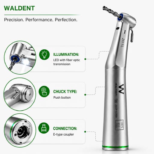 Waldent 20:1 LED Implant Surgical Contra-Angle Handpiece – Push Button | Fiber Optic | For Implant Motors