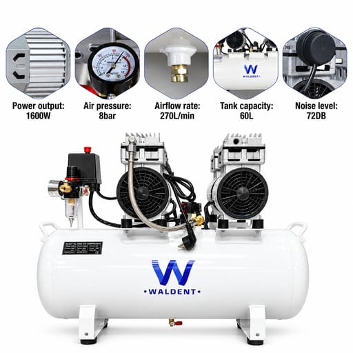 Waldent Double Head Dental Air Compressor Oil Free 2 Hp - Cylindrical Tank (WAC-200-DH-CT)
