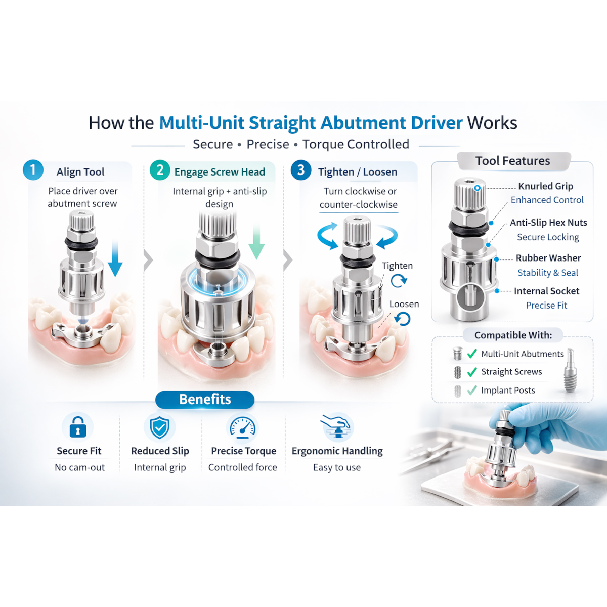 Dentaltech Multi Unit Straight Abutment Driver - Adin | Nobel Biocare Compatible