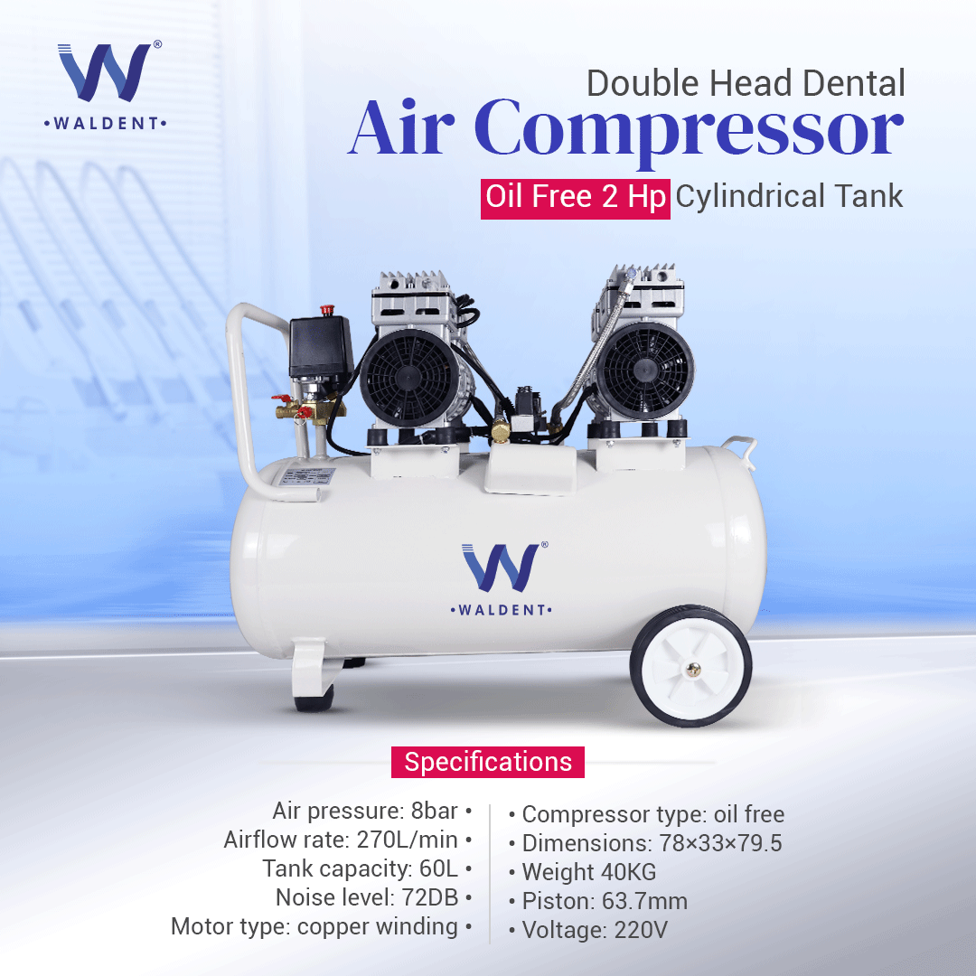 Waldent Double Head Dental Air Compressor Oil Free 2 Hp - Cylindrical Tank (WAC-200-DH-CT)