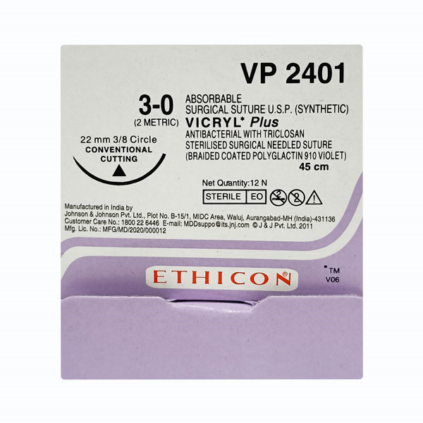 Ethicon Vicryl Plus # 3-0 Absorbable Violet Braided Suture (VP 2401) Pack of 12