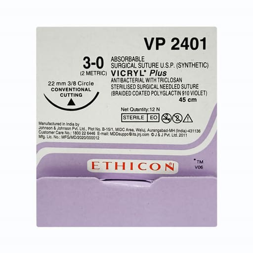Ethicon Vicryl Plus # 3-0 Absorbable Violet Braided Suture (VP 2401) Pack of 12