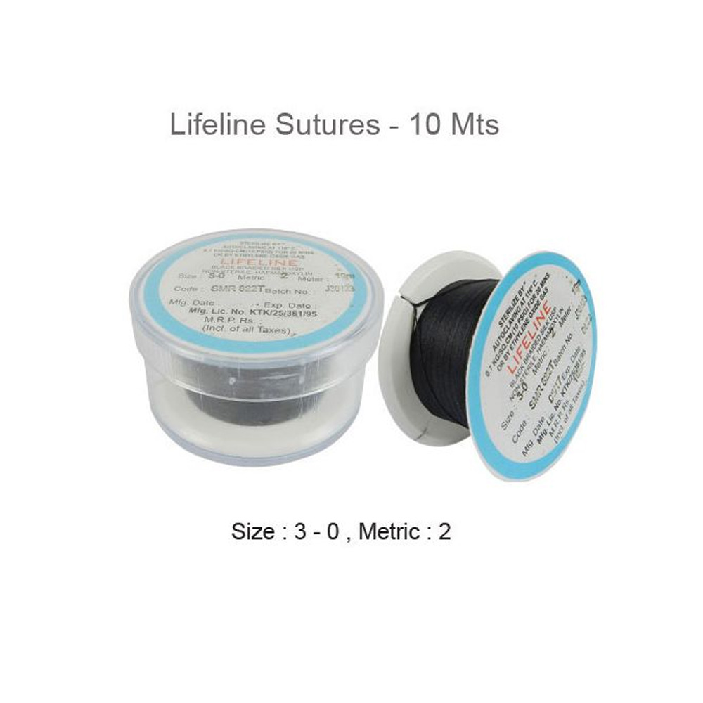Lifeline Sutures (Black Braided Silk) #3-0 (SMR-822T) 10 Mts