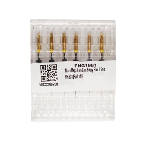 Micro Mega Hero Gold Rotary Files -25mm 6% #20 (Pack of 6)