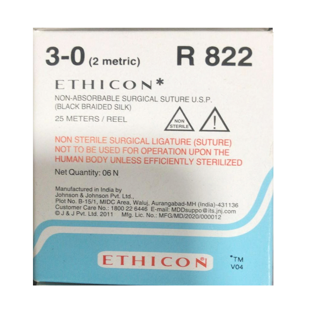 Ethicon #3-0 Black Braided Silk Suture Reels 25Mtr (R 822) - Pack of 6