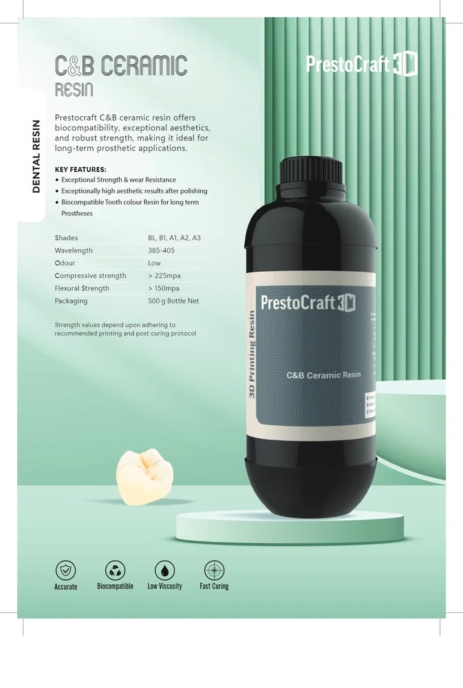 PrestoCraft 3D Printing Crown & Bridge Ceramic Resin - 500 Gm