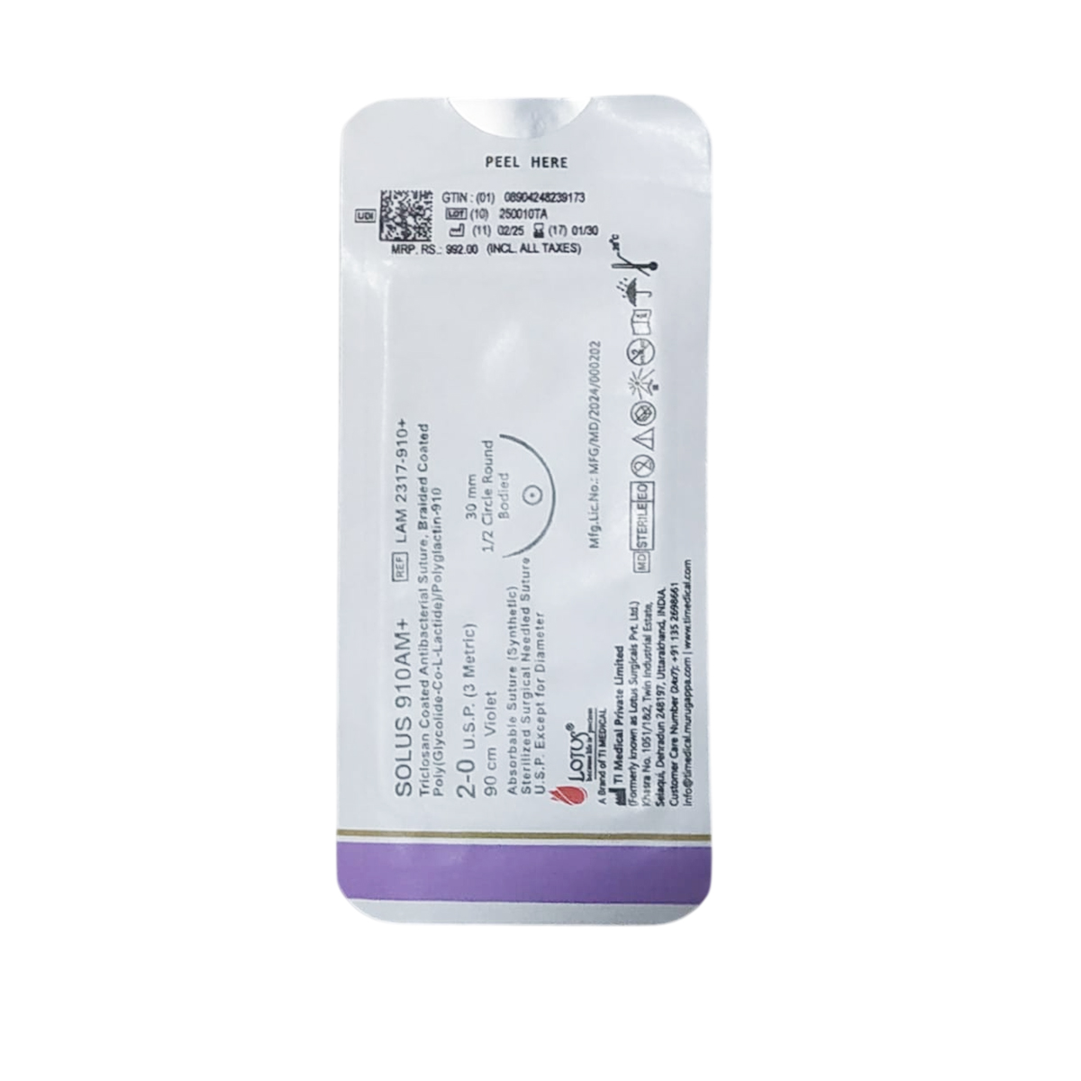 Lotus Solus 910 AM+ #2-0 Braided Polyglactin - 910 Sutures With Triclosan (Pack of 12)