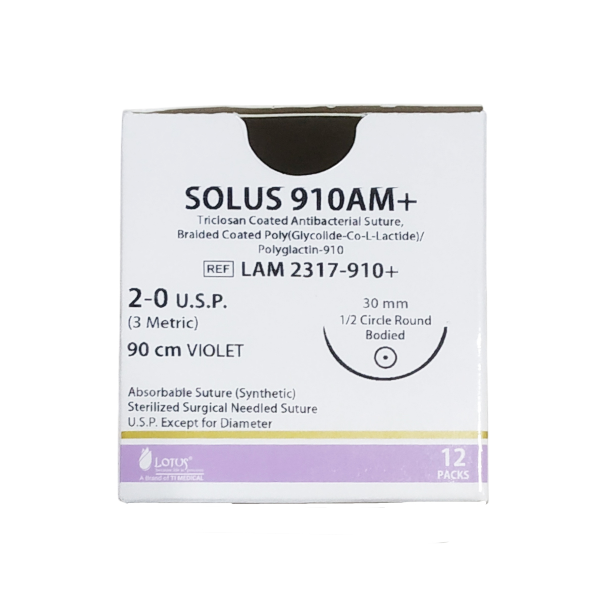 Lotus Solus 910 AM+ #2-0 Braided Polyglactin - 910 Sutures With Triclosan (Pack of 12)