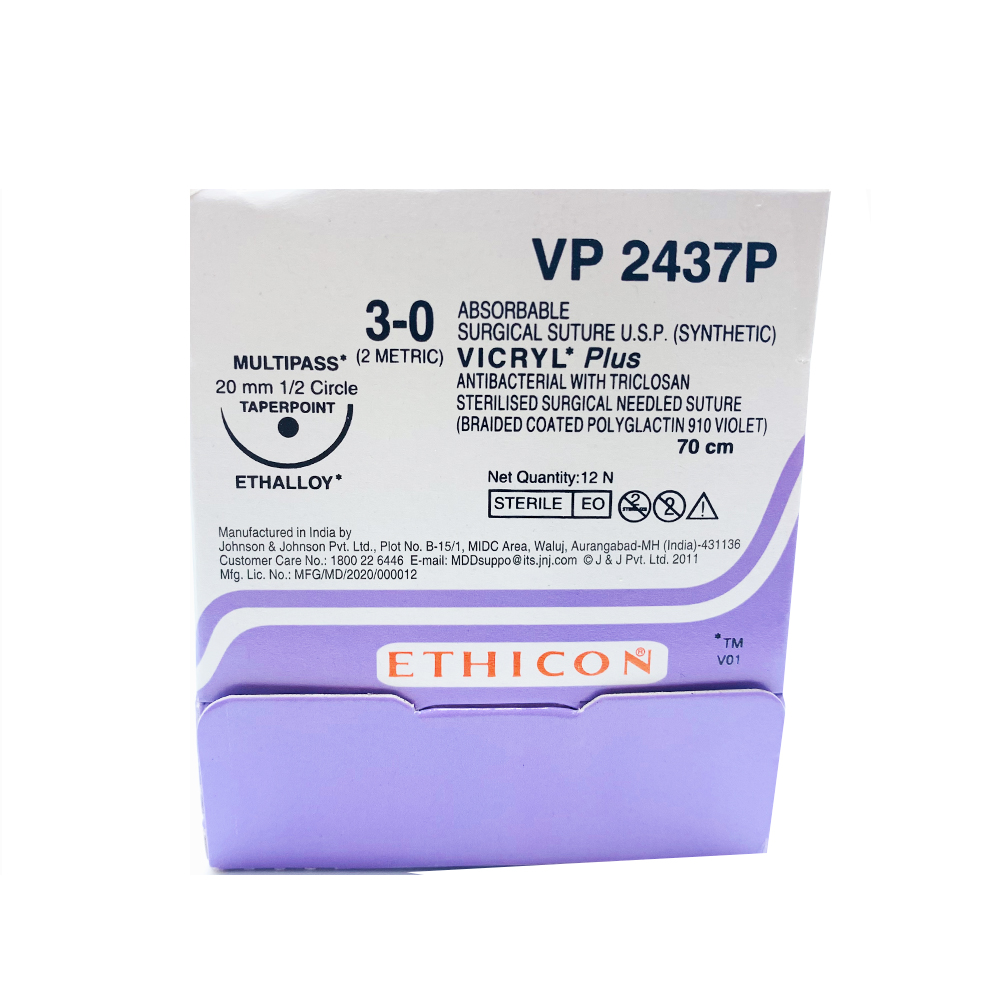 Ethicon Vicryl Plus # 3-0 Absorbable Violet Braided Suture (VP 2437P) (Pack Of 12)