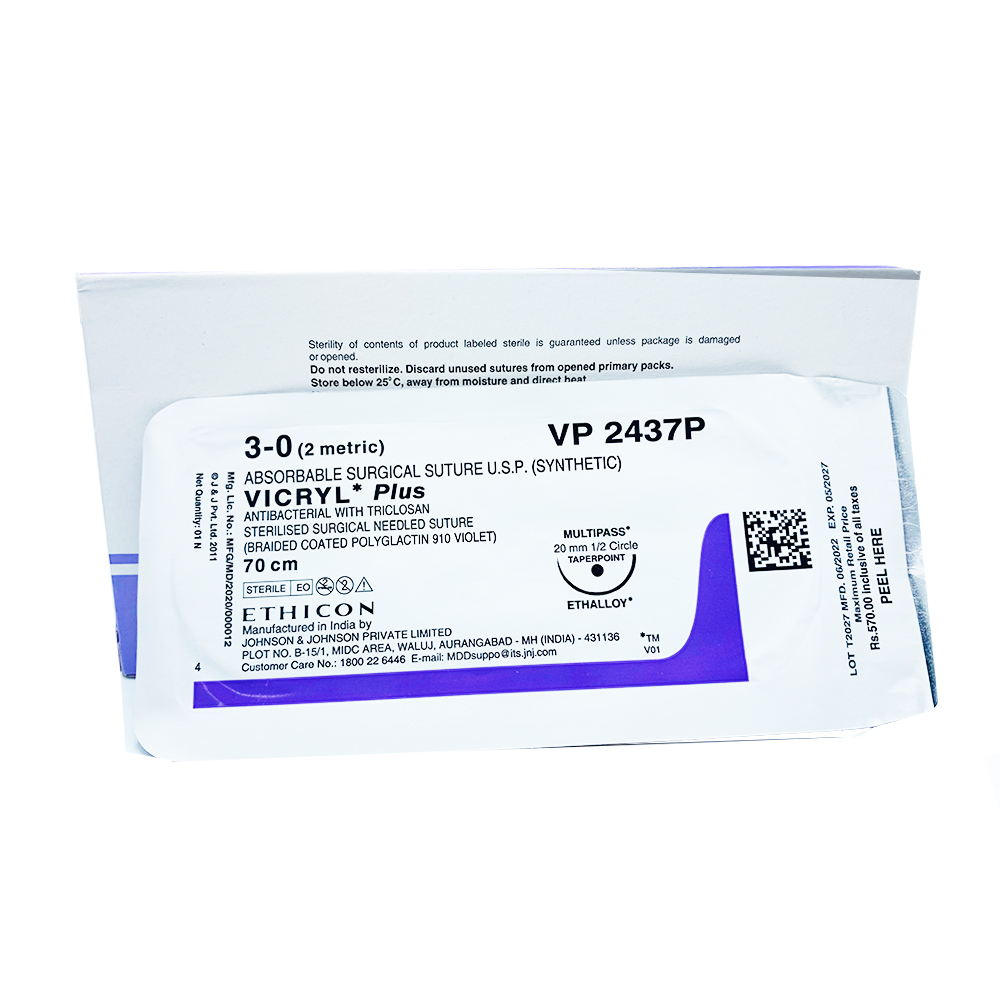 Ethicon Vicryl Plus # 3-0 Absorbable Violet Braided Suture (VP 2437P) (Pack Of 12)